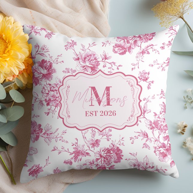 Coussin Custom Pink Toile Floral Monogram (Créateur téléchargé)