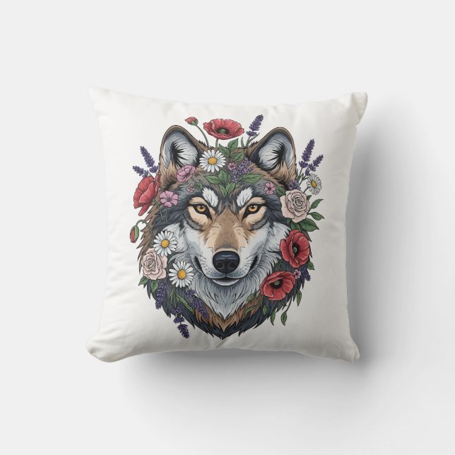 Coussin Custom Wolf with Floral Crown Throw Pillow (Recto)