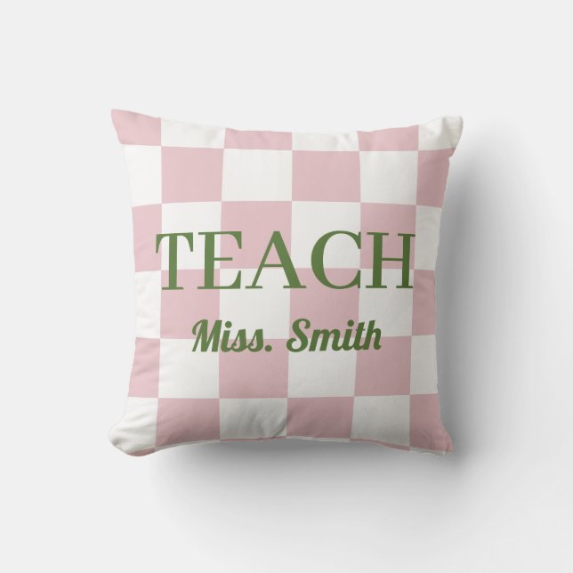 Coussin Customizable Name Teach Tote Cute Pink Checkered (Recto)