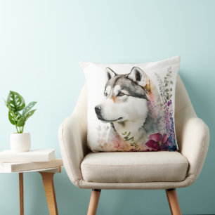 COUSSIN CUT SIBÉRIEN HUSKY POPPY CHIEN AVEC FLEUR SAUVAGE