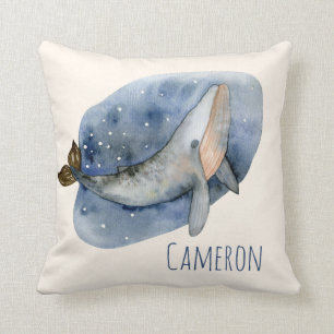 Coussin Cute Aquarelle Baleine Bleu Nautique Personnalisé