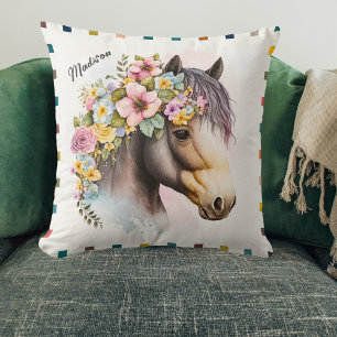 Coussin Cute Aquarelle Floral Horse Nom personnalisé