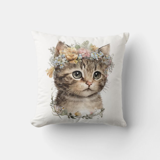 Coussin Cute Aquarelle Floral Kitten (Recto)
