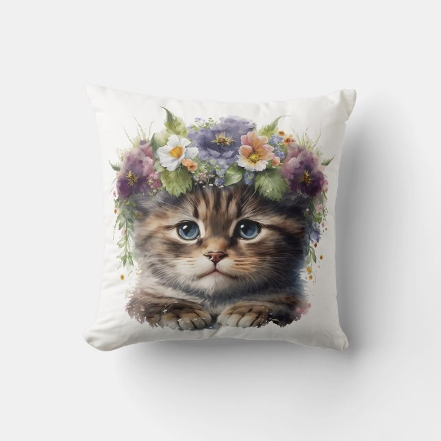 Coussin Cute Aquarelle Florale Chat (Recto)