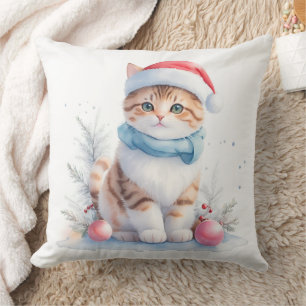 Coussin Cute aquarelle Noël Père Noël Chat