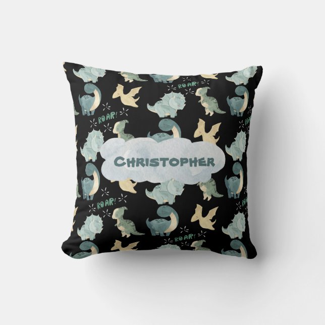Coussin Cute Aquarelle noir Dinosaure Motif Nom Turquoise (Recto)