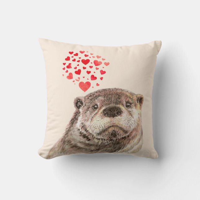 Coussin Cute Aquarelle Otter Coeurs Aimer Humour animal (Recto)