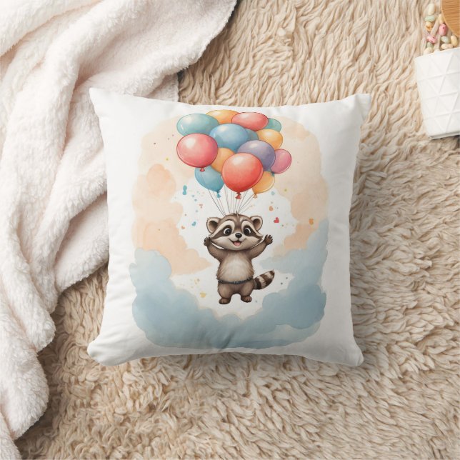Coussin Cute Aquarelle Raccoon Coloré Ballons Nursery (Couverture)