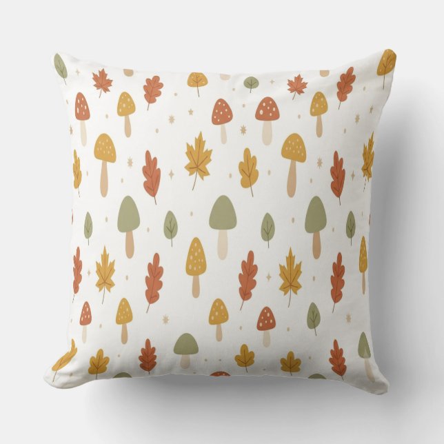 Coussin Cute Autumn Mushroom and Leaves Throw Pillow  (Recto)