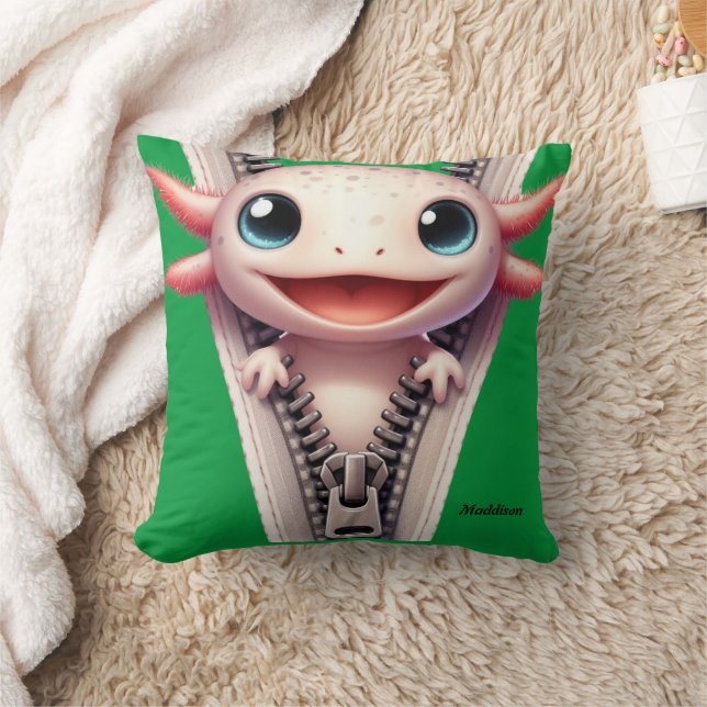 Coussin Cute Axolotl Kids Green Nom personnalisable (Couverture)