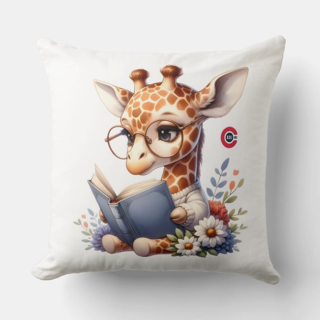 Coussin Cute Baby Giraffe Reading Book with Glasses Throw  (Recto)