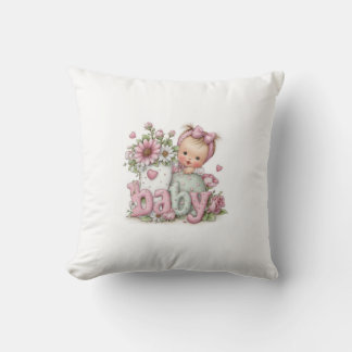 Coussin Cute Baby Girl with Flowers & Pink Letters | Sweet