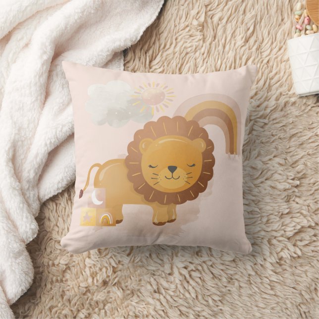 Coussin Cute Baby Lion Cub & Boho Rainbow sur rose (Couverture)