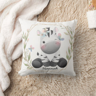 Coussin Cute Baby Zebra Flower Wreath Nom personnalisé