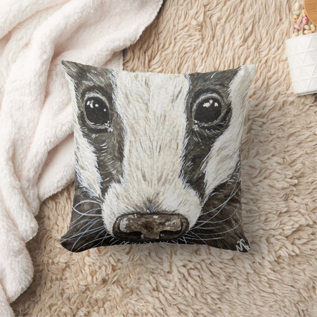 Coussin Cute Badger Wildlife Portrait d'aquarelle (Couverture)
