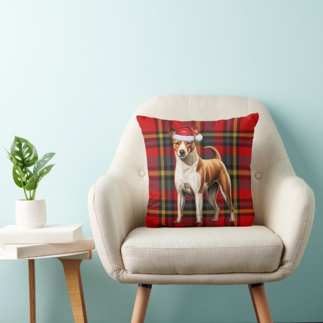 Coussin Cute Basenji Chien Rouge Vert Plaid Noël Fête (Chaise)