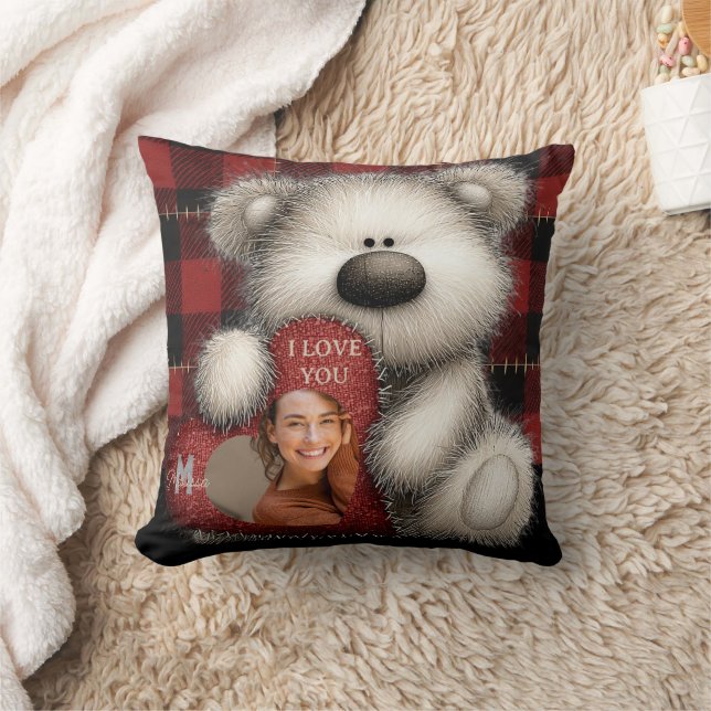 Coussin Cute Bear I Love You Custom Monogram Photo (Couverture)