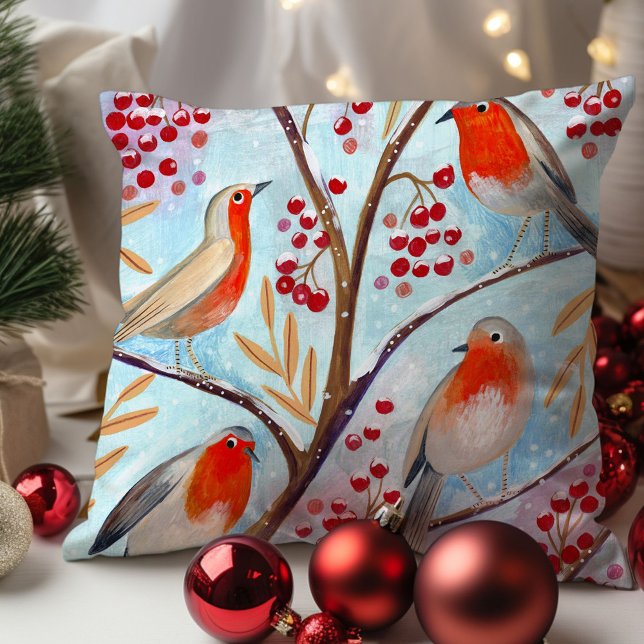 Coussin Cute Bird Rouge Robin Bleu Famille de Noël (Cute Bird Red Robin Blue Christmas Family Throw Pillow)