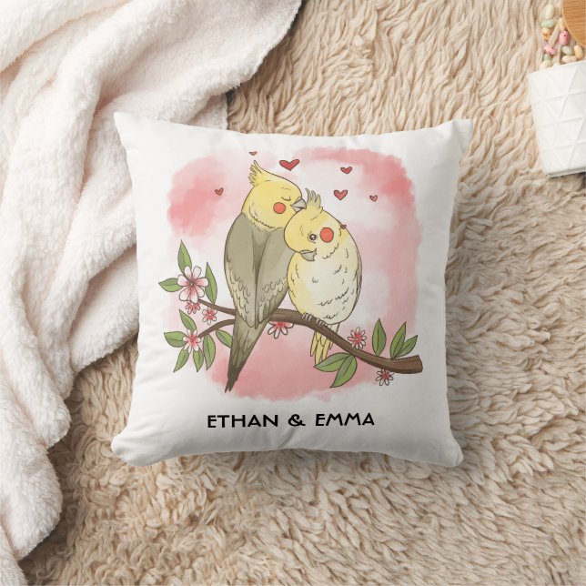 Coussin Cute Birds Couple Personnalisé Saint Valentin (Couverture)