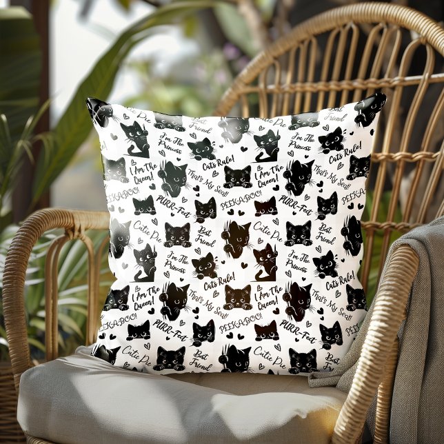 Coussin Cute Black Cats et Motif des paroles (Cute Black Cats and Sayings with Hearts Pattern for Cat Lovers and Halloween Throw Pillow)