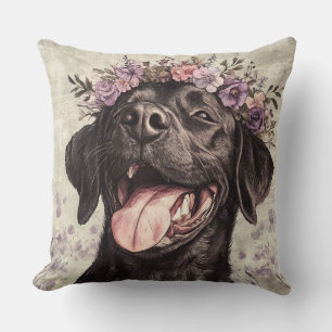 Coussin Cute Black Labrador Retriever Purple Floral
