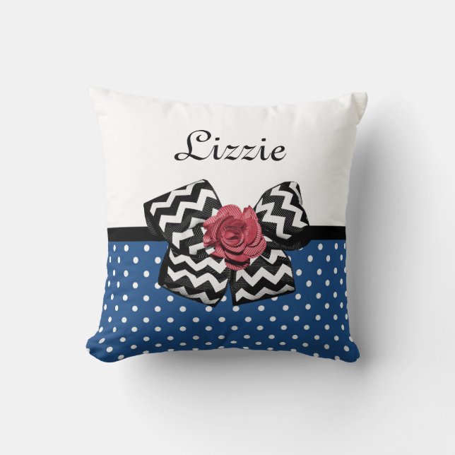 Coussin Cute Bleu Pois Rouge Rose Chevron Bow et nom (Recto)