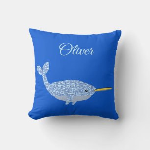 Coussin Cute Blue Baby Boy Narwhal Nom personnalisé