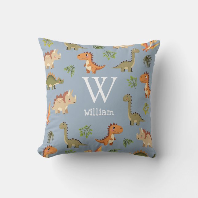 Coussin Cute Blue Boy Dinosaur Monogramme Nom Nursery (Recto)