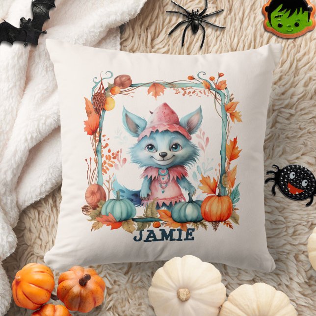 Coussin Cute Blue Fox Orange Citrouille Enfants Halloween (Créateur téléchargé)