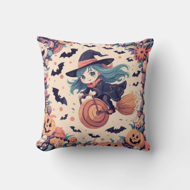 Coussin Cute Blue-Haired Witch Halloween Pillow (Recto)