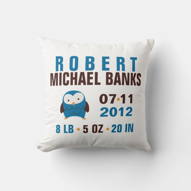 Coussin Cute Blue Owl Faire-part de naissance (Recto)