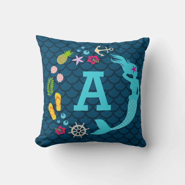 Coussin Cute Blue Tropical Sirène Monogramme Filles (Recto)