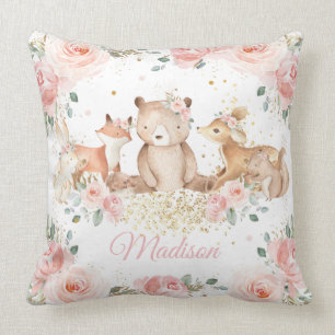 Coussin Cute Bois Animaux Blush Rose Floral Nursery
