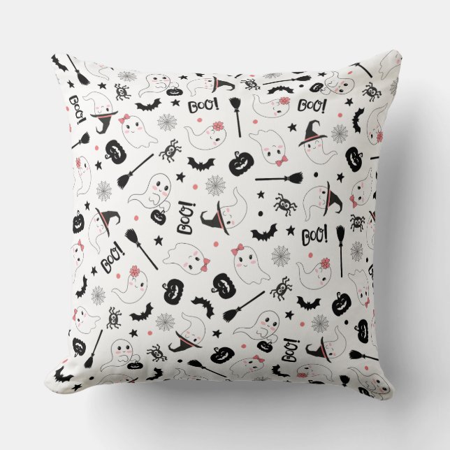 Coussin Cute Boo Éffrayant Fantôme Halloween Fille Rose (Recto)