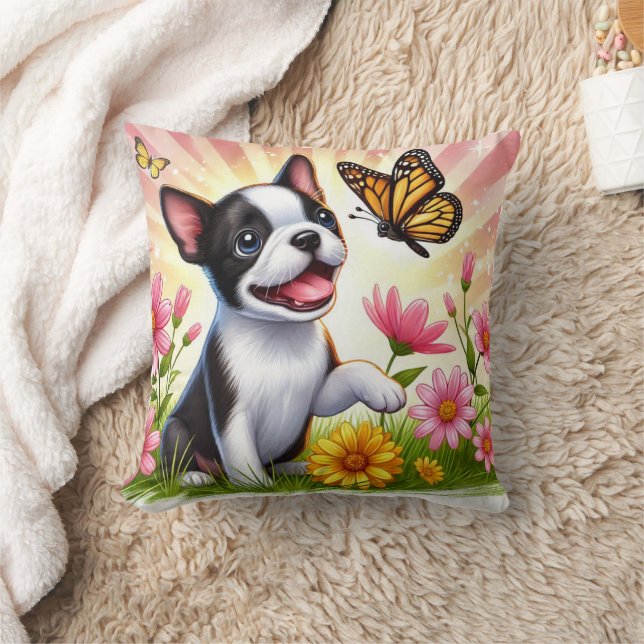 Coussin Cute Boston Terrier Chiot Jouant Avec Papillon (Couverture)