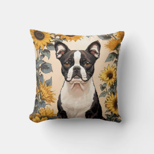 Coussin Cute Boston Terrier Yellow Sunflowers