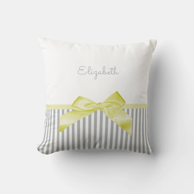 Coussin Cute Bow Jaune avec Gris Fille et Nom (Recto)