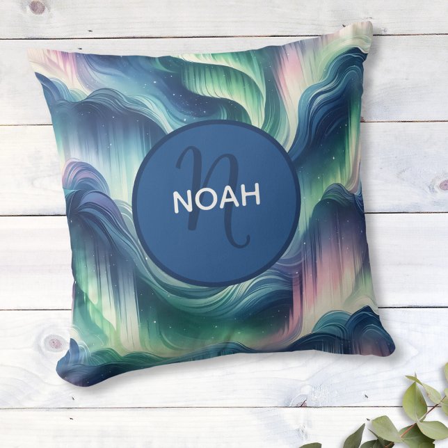 Coussin Cute Boys Nursery Kids Monogram Northern Lights (Personalized Aurora Borealis Pillow with Name - Custom Decor, Unique Gift, Northern Lights Design)
