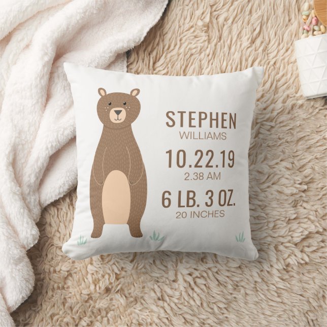 Coussin Cute Brown Ours Bébé Birth Record Statistiques (Couverture)
