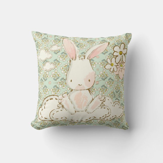 Coussin Cute Bunny Floral Green Garçon Girl Sweet Nursery (Recto)