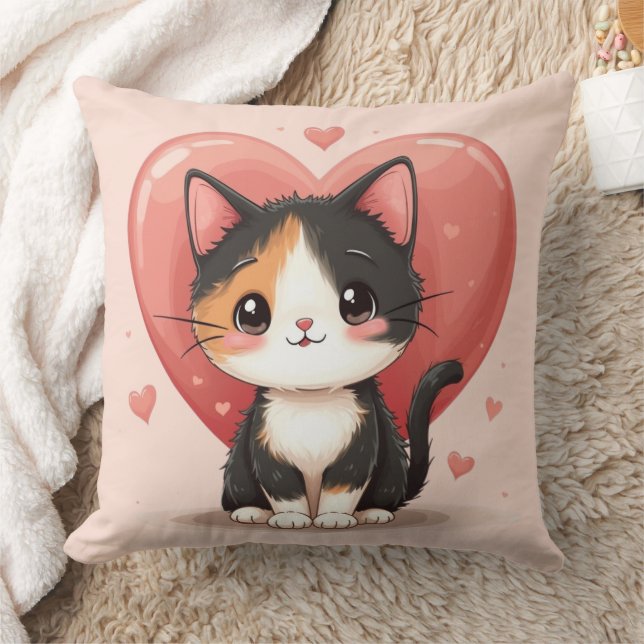 Coussin Cute Calico Cat Heart Kawaii Valentine's Art (Couverture)
