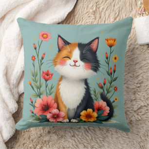 Coussin Cute Calico Chat avec Cottagecore Floral Esthétiqu