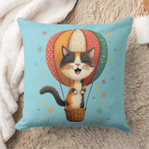 Coussin Cute Calico Chat en Hot Air Balloon Whimsical Art