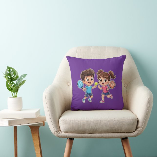 Coussin Cute Cartoon Boy and Girl Playing Padel Tennis – F (Chaise)