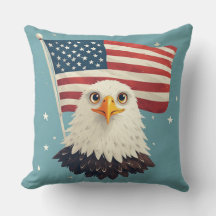 Cute Cartoon Eagle Head with Waving American Flag