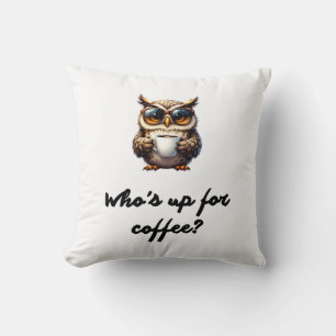 Coussin Cute Cartoon Owl with Sunglasses Holding Coffee Cu