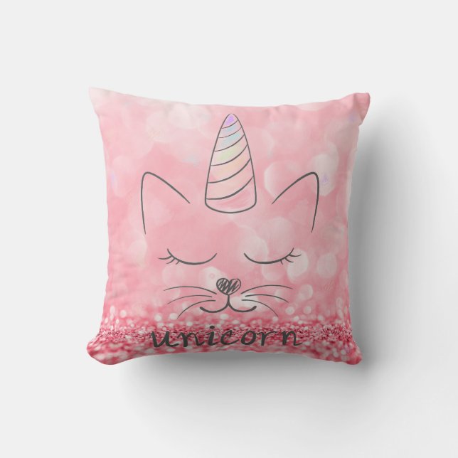 Coussin Cute Caticorn | Pailleté rose (Recto)