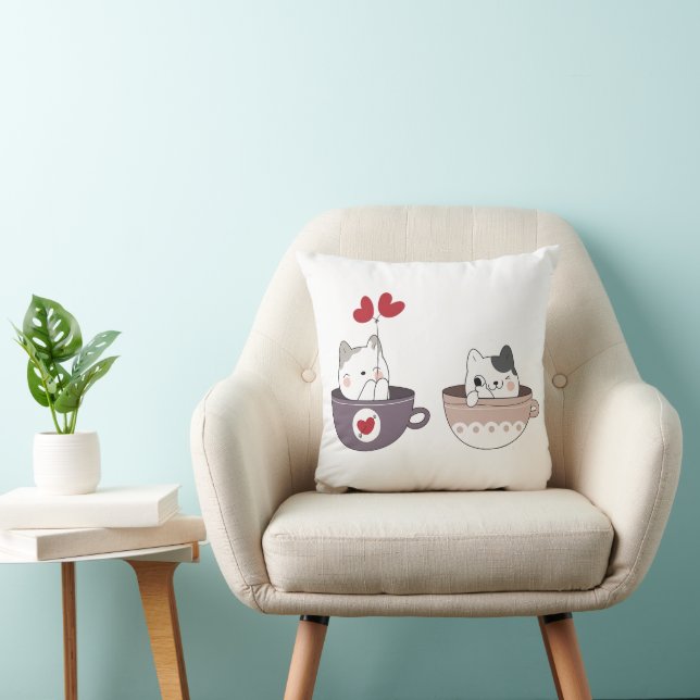 Coussin Cute Cats in Cups with Heart Balloons (Chaise)