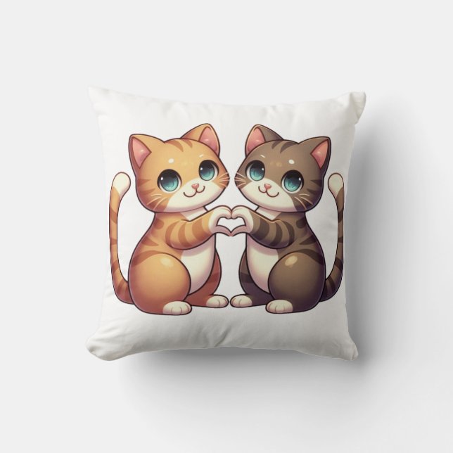 Coussin Cute Cats - Kawaii Kittens Coeur Mains Design (Recto)