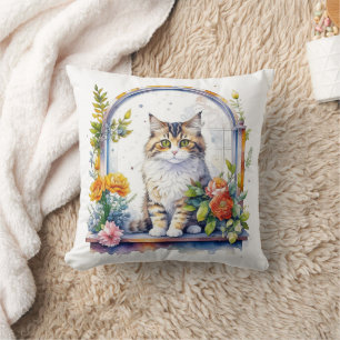 Coussin Cute chat dans la fenêtre de fleurs Personnalisé